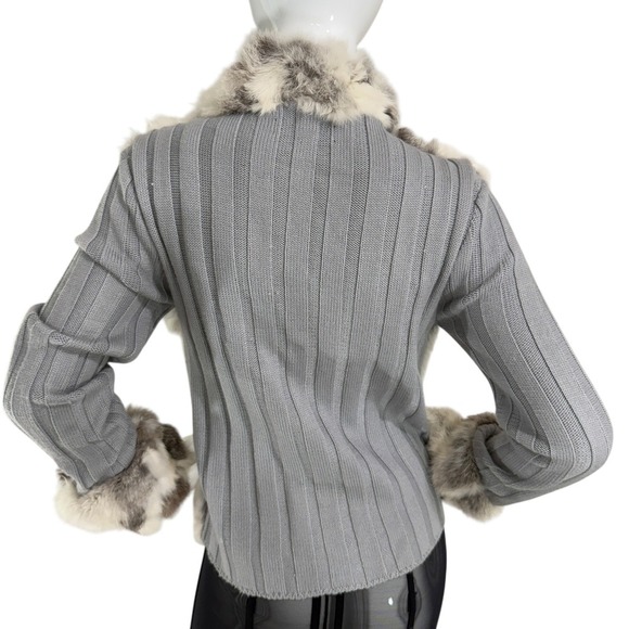 Essenza Y2K Real Lapin Fur Jacket Rabbit Fur Trim Zip Sweater Cardigan Size M - Picture 6 of 16